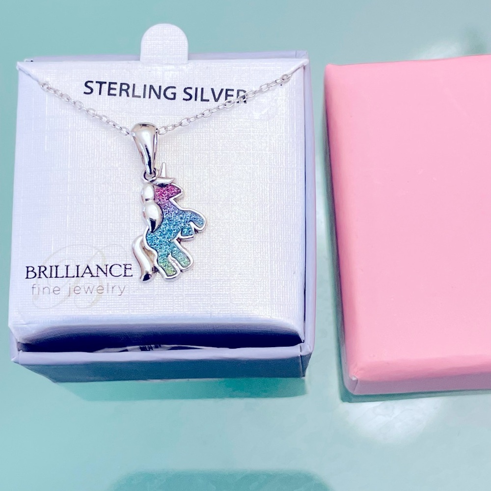 Dainty Sterling Silver Rainbow Glitter Horse Pendant And Necklace